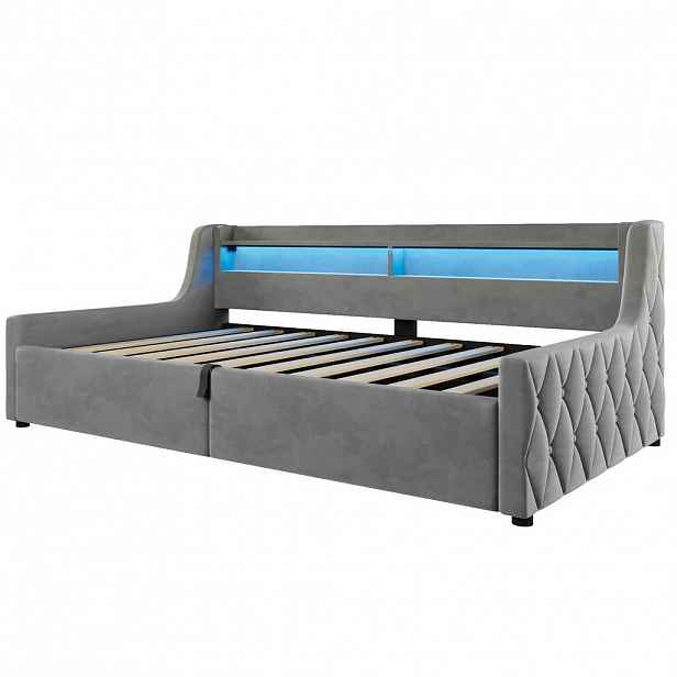 CHICFURN ČALOUNĚNÁ POSTEL 90/200 cm v šedé barvě s úložným prostorem a LED osvětlením ze sametu