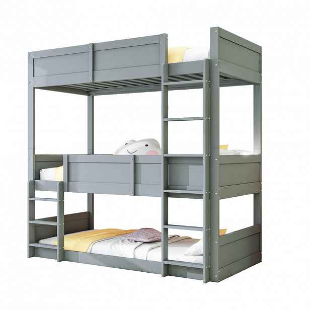 CHICFURN TŘÍPATROVÁ POSTEL 90/200 cm v šedé barvě z borovicového dřeva