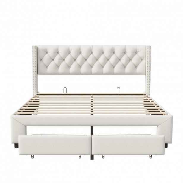 SHOPENTRA ČALOUNĚNÁ postel 140x190 cm béžová sametová LED USB postel s boxem