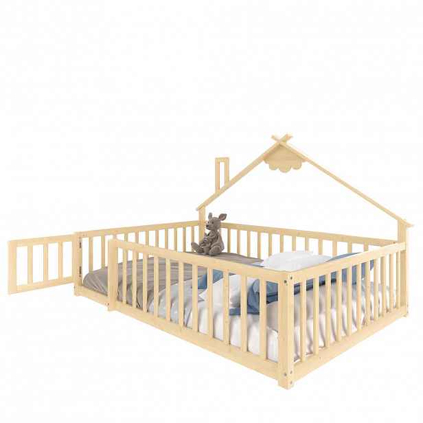 CHICFURN DĚTSKÁ POSTEL 140/190 cm v přírodní barvě s domečkovým rámem a zábranou