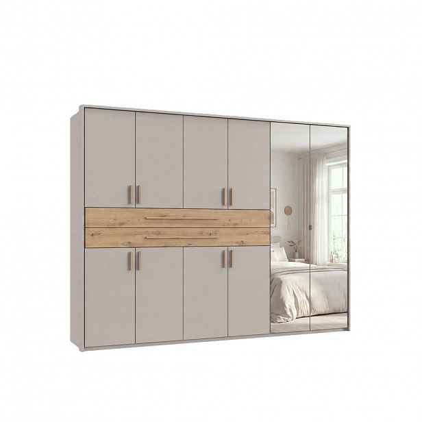 luma-home SKŘÍŇ S OTOČNÝMI DVEŘMI B273/H210/T58 cm, béžovo-šedá, šatní skříň s paspartou, 2 zrcadly, 2 zásuvkami a úchytkami v dekoru dub Artisan / 22