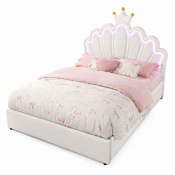 CHICFURN DĚTSKÁ POSTEL 140/200 cm v bílé barvě se 2 zásuvkami, LED osvětlením a čelem ve tvaru koruny