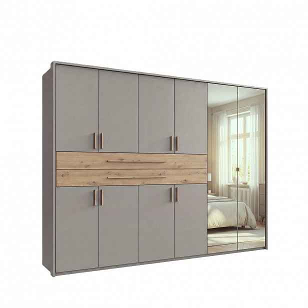 luma-home SKŘÍŇ S OTOČNÝMI DVEŘMI B273/H210/T58 cm, pískově šedá, šatní skříň s paspartou, 2 zrcadla, 2 velké zásuvky a úchytky v dekoru dub Artisan /