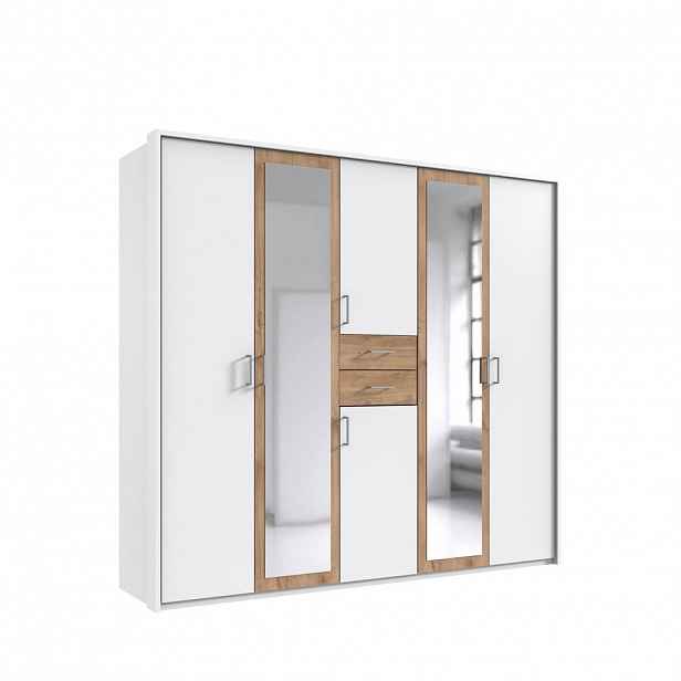 luma-home SKŘÍŇ S OTOČNÝMI DVEŘMI, 228 × 58 × 210 cm (Š×H×V), pasparta, zásuvky, 2 zrcadlové dveře, bílá/dekor dubu / 22599