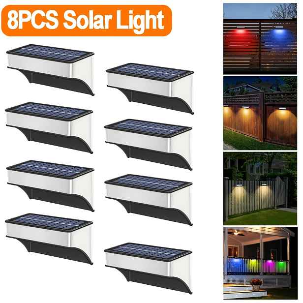 TEMU 8 ks Venkovní solární plotové světla | Nerezové RGB solární schodišťové světlo a bílé a teplé solární palubní světlo s 1200mAh baterií, pro