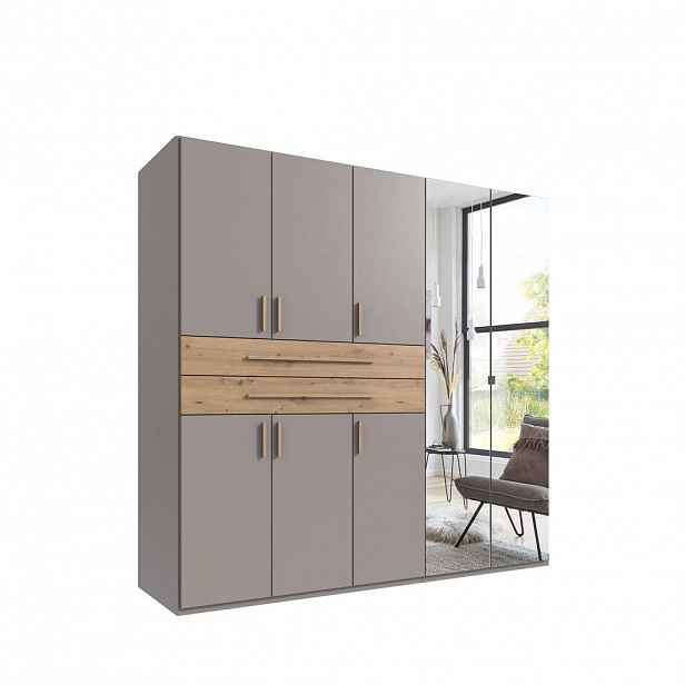 luma-home SKŘÍŇ S OTOČNÝMI DVEŘMI B225/H208/T58 cm, pískově šedá, šatní skříň se 2 zrcadlovými dveřmi, 2 zásuvkami a úchytkami v dekoru dub Artisan /