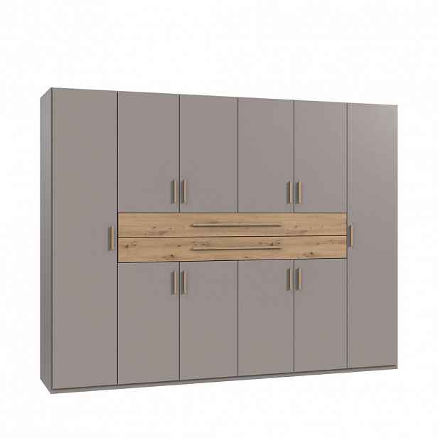 luma-home SKŘÍŇ S OTOČNÝMI DVEŘMI B270/H208/T58 cm, pískově šedá, šatní skříň se 2 velkými zásuvkami a úchytkami v dekoru dub Artisan / 22641