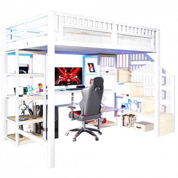 OKWISH VYSOKÁ postel 140/200 cm bílá s psacím stolem LED osvětlením a USB z kovu a MDF