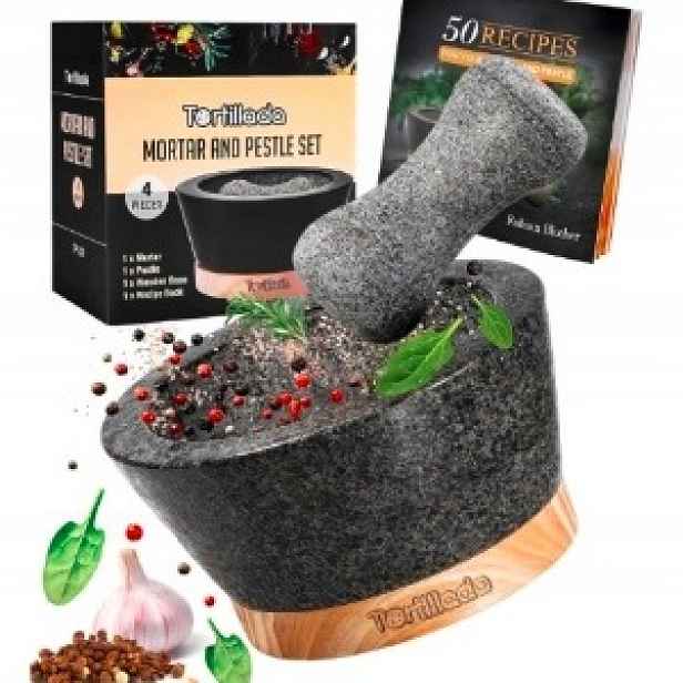 Granitový Hmoždíř S Paličkou 16 CM, Dřevěná Základna Pro Pesto Bylinky