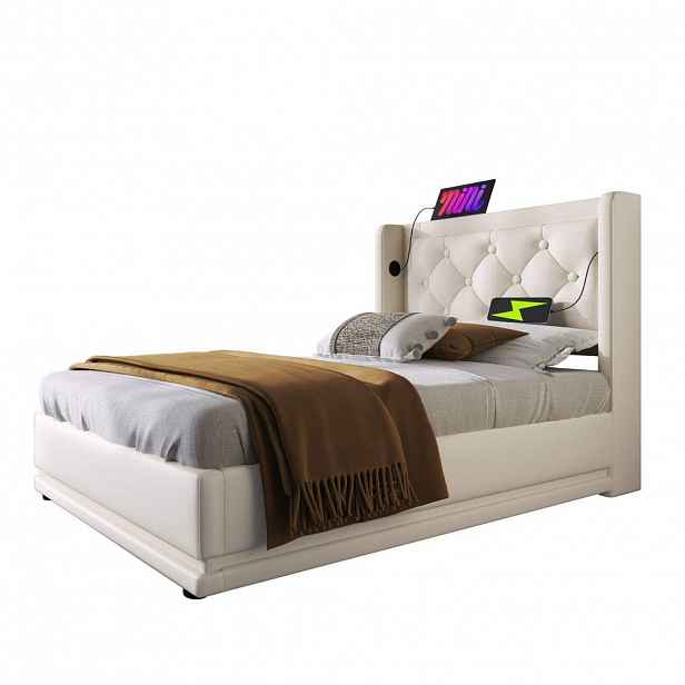 OKWISH ČALOUNĚNÁ postel 90/200 cm bílá z PU s úložným prostorem LED a USB-C