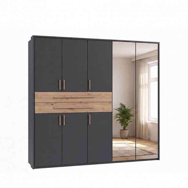 luma-home SKŘÍŇ S OTOČNÝMI DVEŘMI B228/H210/T58 cm, grafitová, s paspartou, 2 zrcadlové dveře, 2 velké zásuvky a úchytky v dekoru dub Artisan / 22640