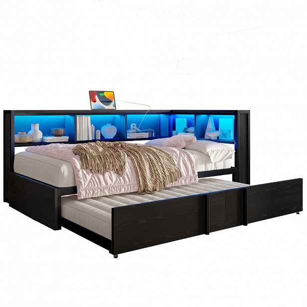 CHICFURN KOVOVÁ POSTEL 90/200 cm v černé barvě s výsuvným lůžkem, LED osvětlením a USB