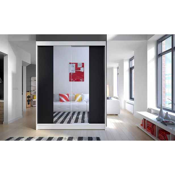 Zrcadlová šatní skříň CHANNA 2 - šířka 150 cm, bílá / černá