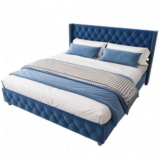 OKWISH ČALOUNĚNÁ postel 160/200 cm modrá ze sametu s roštem a knoflíkovým čelem