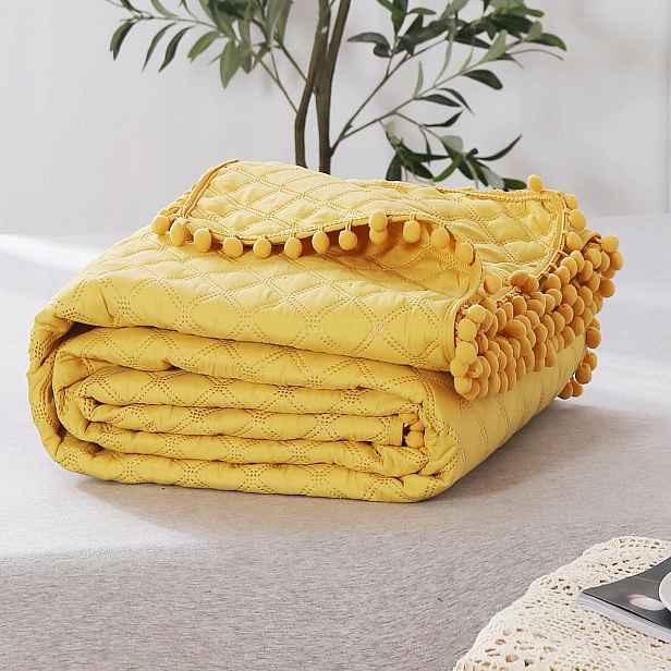 Dekorativní přehoz Pompoo 160x220 prošívaný s bambulkami, hořčicová barva
