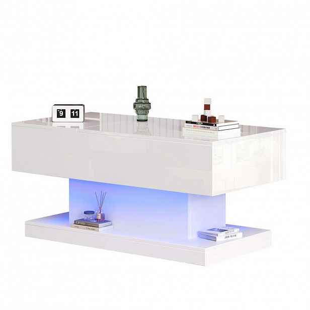 OKWISH KONFERENČNÍ stolek 100/50/45 cm bílý z dřevotřísky s hydraulickým zdvihem posuvnou deskou a LED
