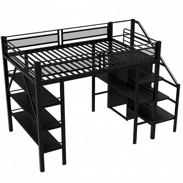 OKWISH VYSOKÁ postel 252/147,5/178,5 cm černá s psacím stolem a skříní z kovu a MDF