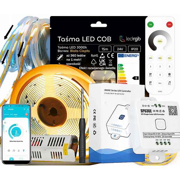 Set Led Páska 15m (3x5) Bílá 3000K Napájecí Zdroj Plovoucí Zónová Apka 24V