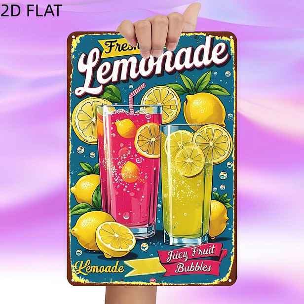 TEMU 2D plochá, 2D plochá, 1 ks, RetroFresh Limonáda: Šťavnaté ovocné bublinky kovová železná cedule, předvrtané otvory, předvrtané otvory, dekorace