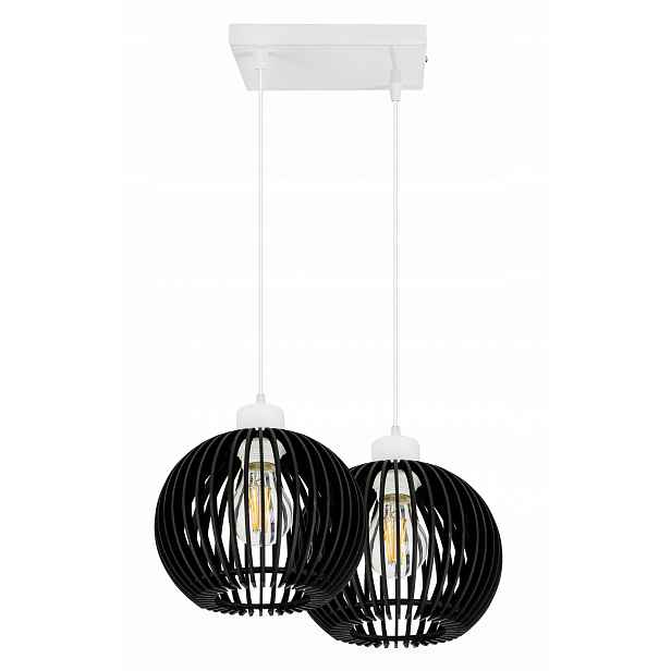 závěsné stropní svítidlo Bílý závěs Loft na 2x E27 Dřevo Černá koule