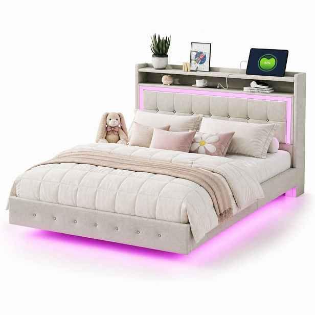 CHICFURN ČALOUNĚNÁ POSTEL 140/200 cm v béžové barvě z lněné látky s LED osvětlením a USB