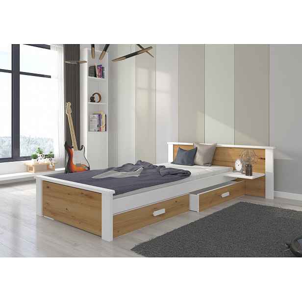 Jednolůžková postel s policí 90x200 FASNA - bílé / dub artisan