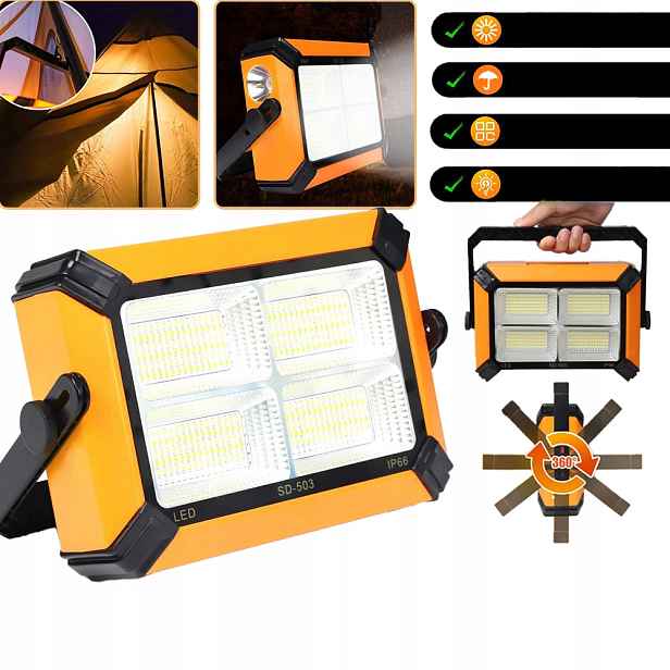 Solární Přenosný Akumulátorový Halogen 120 W, Výkonná A Výkonná Baterie