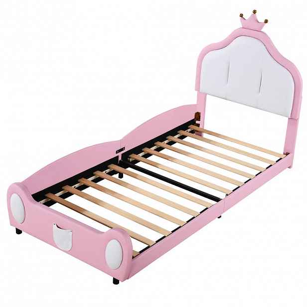 OKWISH DĚTSKÁ čalouněná postel 90/200 cm růžová z umělé kůže s korunovým čelem