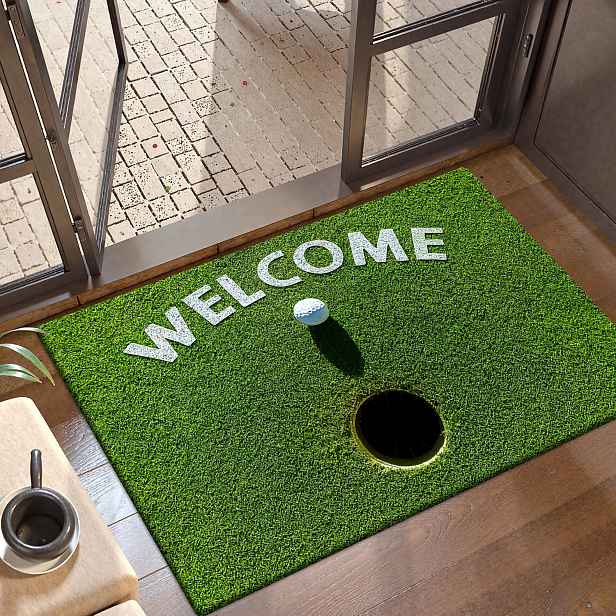 TEMU Flanelová rohož s 1 cm silnou houbou, vtipná | Zelený trávník s bílým textem „VÍTEJTE“ obklopujícím golfový míček nad jamkou, jednoduchá