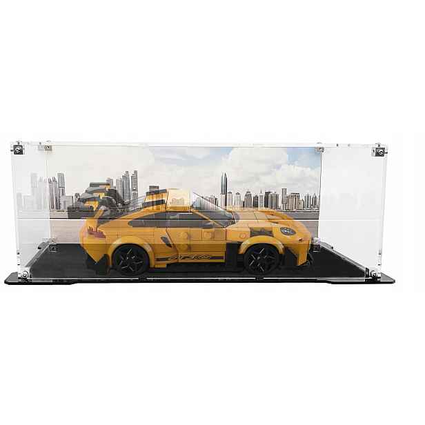 Vitrína s černou základnou a pozadím pro sadu Lego 77239 Porsche 911 GT3 Rs