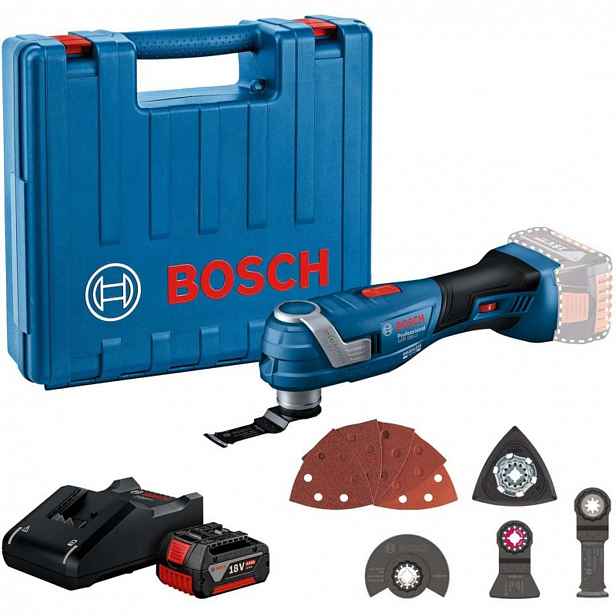 Bosch - 18V AKU oscilační multibruska s příslušenstvím, 1x aku 4,0 Ah, nabíječka 06018G2021