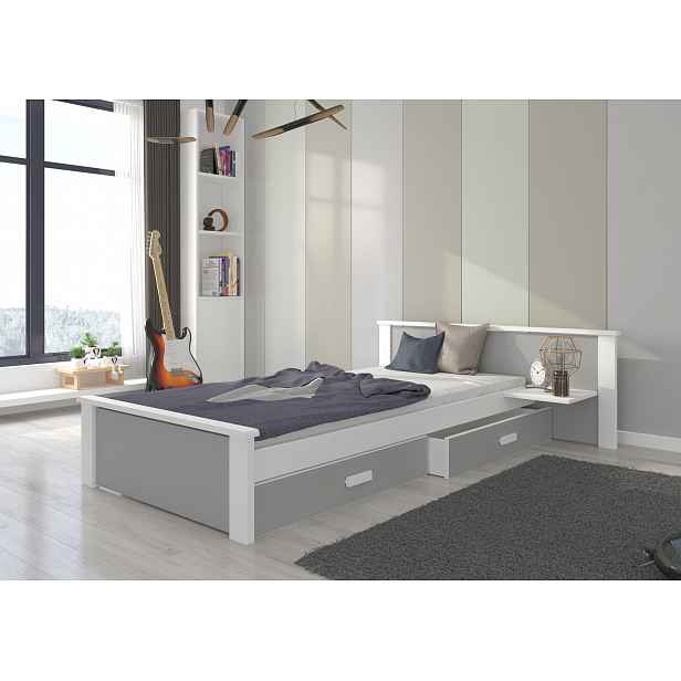 Jednolůžková postel s policí 90x200 FASNA - bílé / světle šedé