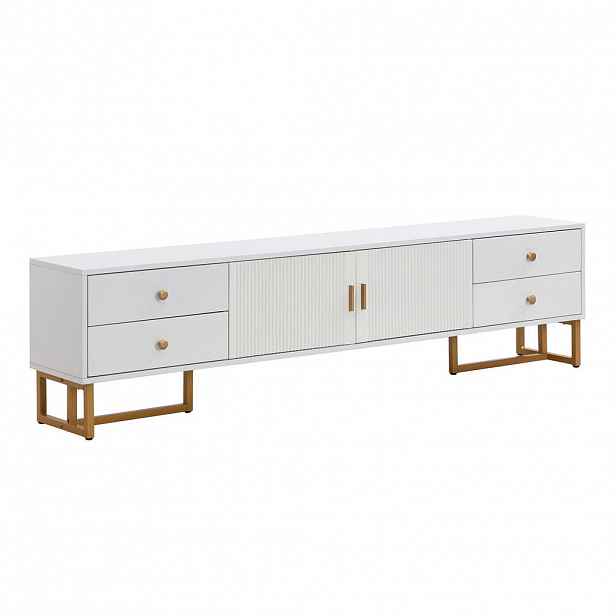 Modfu TV stolek z MDF 175x30x46 cm bílý se 4 zásuvkami, 2 dvířky a zlatými kovovými nohami