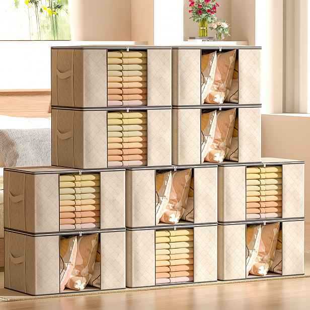 TEMU Úložný vak 90 l 8 ks/10 ks stěhovací krabice úložný víkem úložný box na oblečení se zesíleným úchytem skládací úložné boxy na peřiny a ložní