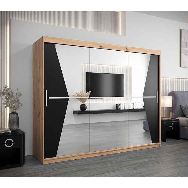 Skříň s posuvnými dveřmi MILANA - šířka 250 cm, dub artisan / černá