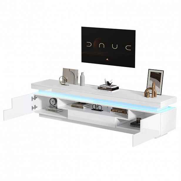 Modfu TV stolek z dřevotřísky 175x38x45 cm bílý s LED osvětlením, 2 skříňkami, zásuvkou a polootvřeným úložným prostorem