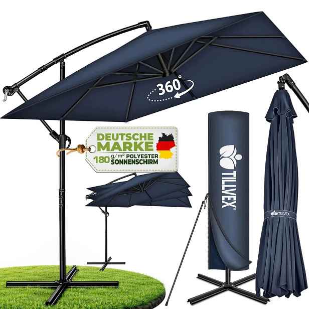 tillvex Obdélníkový hliníkový deštník, průměr 330 cm, modrý