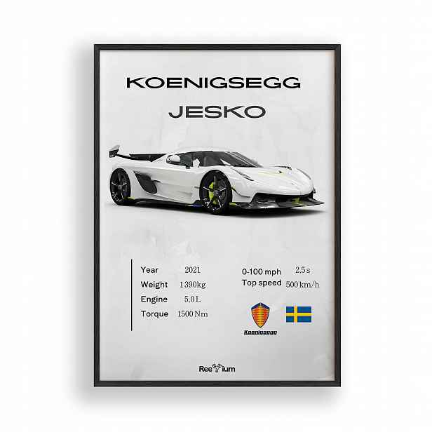 Obraz Auto Koenigsegg Jesko Plakát Rámeček Dřevěný Černý 30x42 cm