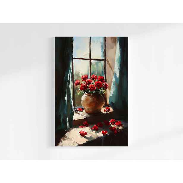 Plakát Červené Květy V Okně Váza Růže Vintage 40x60