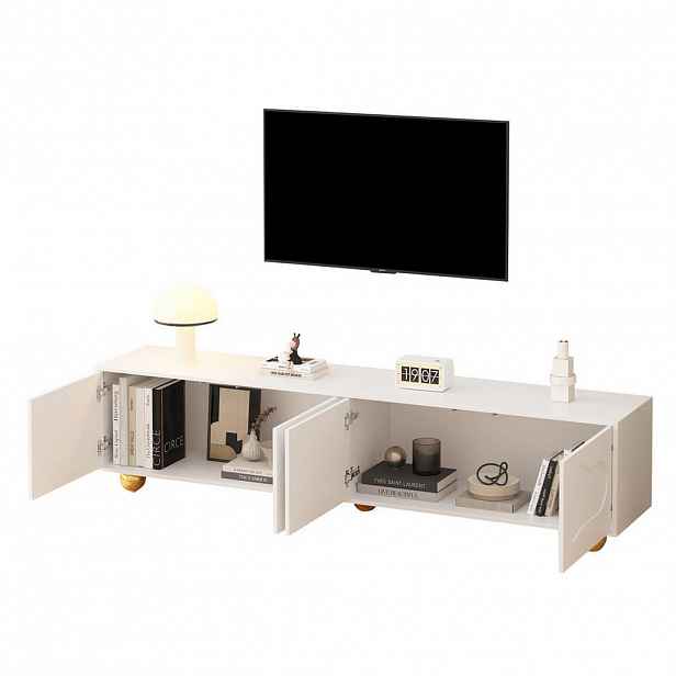 Modfu TV stolek z dřevotřísky 180x40x45 cm bílý se 2 skříňkami, 4 dvířky a dvířky ve tvaru obláčku