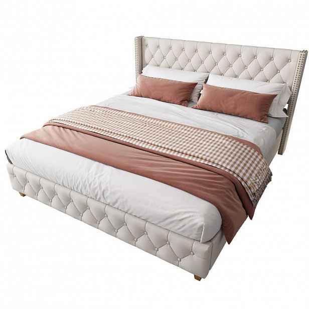 OKWISH ČALOUNĚNÁ postel 160/200 cm béžová z lnu s roštem a prošívaným čelem s nýty