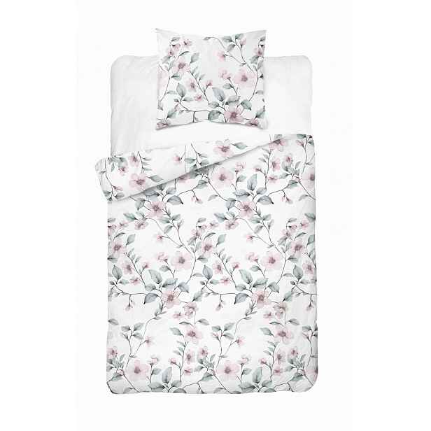 Povlečení 140x200 bílé s mátovými květy, s jedním povlakem na polštář Home Satin