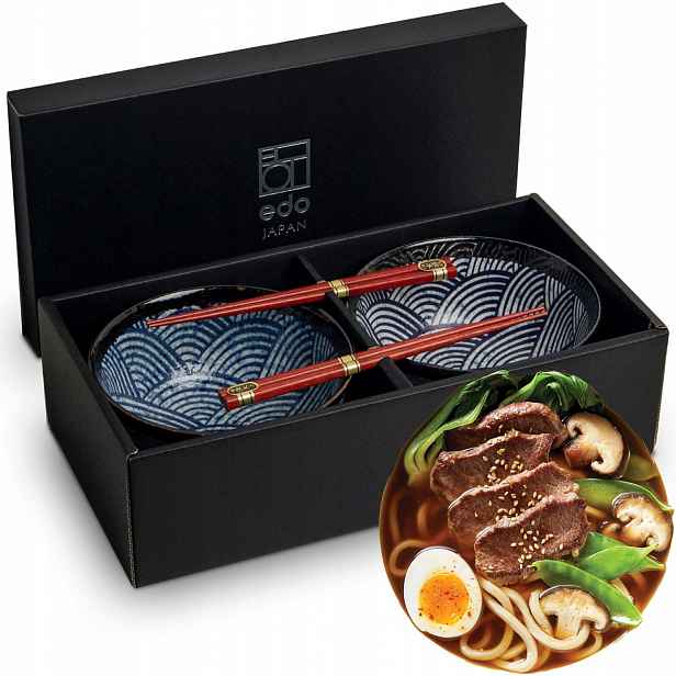 Sada modrých misek 17 cm Japanese Wave na těstoviny a polévku Udon Tyčinky