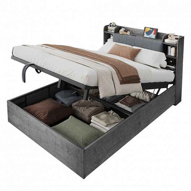 CHICFURN POSTEL 180/200 cm v šedé a dřevěné barvě s úložným prostorem, USB a Type-C