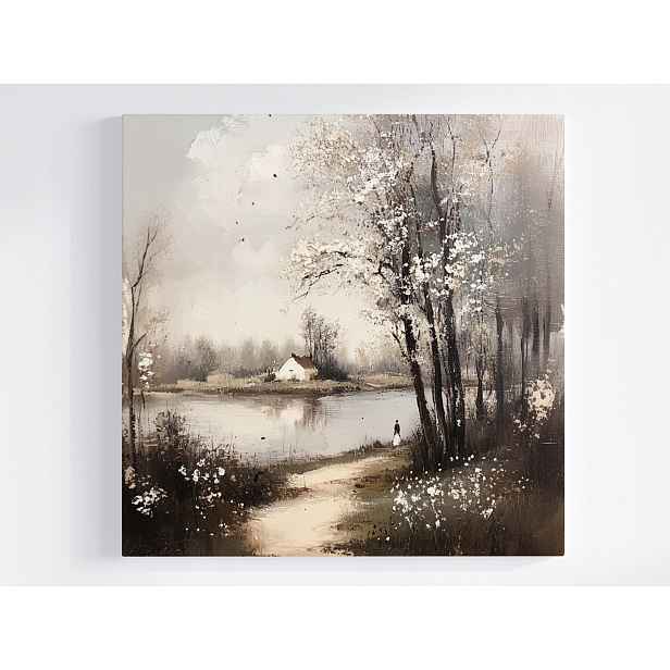 Obraz Na Plátně Canvas Krajina Řeka Dům Stromy Vesnice Vintage Retro 50x50