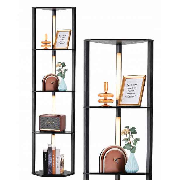 Stojací lampa Edishine, 4 dřevěné police, stmívatelná Led, 3 barevné teploty