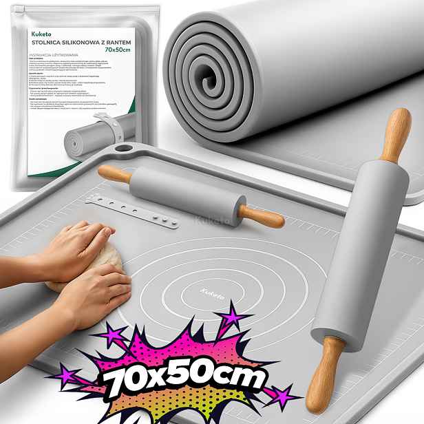 TEMU Kuketo – Silikonová podložka na pečení 70×50 cm s protiskluzovým okrajem + 38 cm šedý nepřilnavý silikonový váleček na hnětení a válení těsta,
