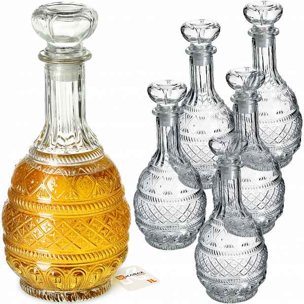 Karafa Na Whisky Alkohol Křišťálová 1L Skleněná Láhev S Korkem 6 ks