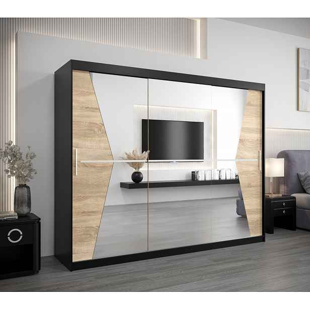 Skříň s posuvnými dveřmi MILANA - šířka 250 cm, černá / dub sonoma