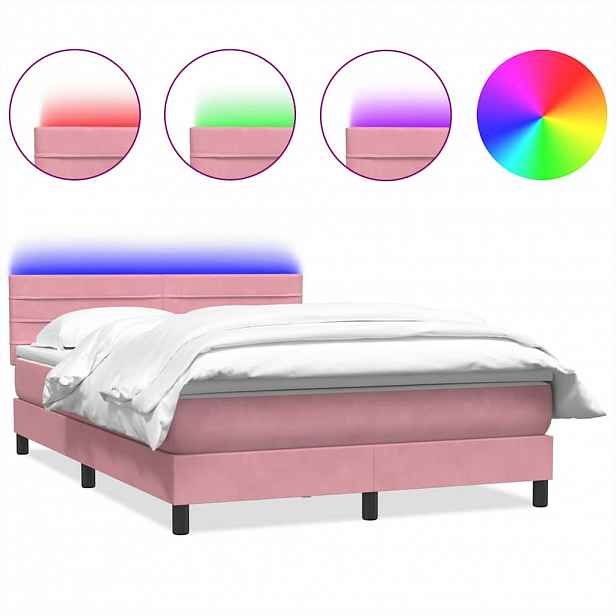 vidaXL Box spring postel s matrací a LED růžová 140x210 cm samet